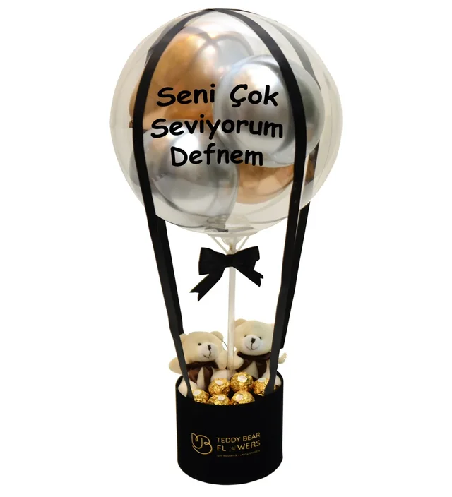 Ayıcıklı Ferrero Rocher Çikolatalı Kişiselleştirebilir Siyah Balon Kutusu