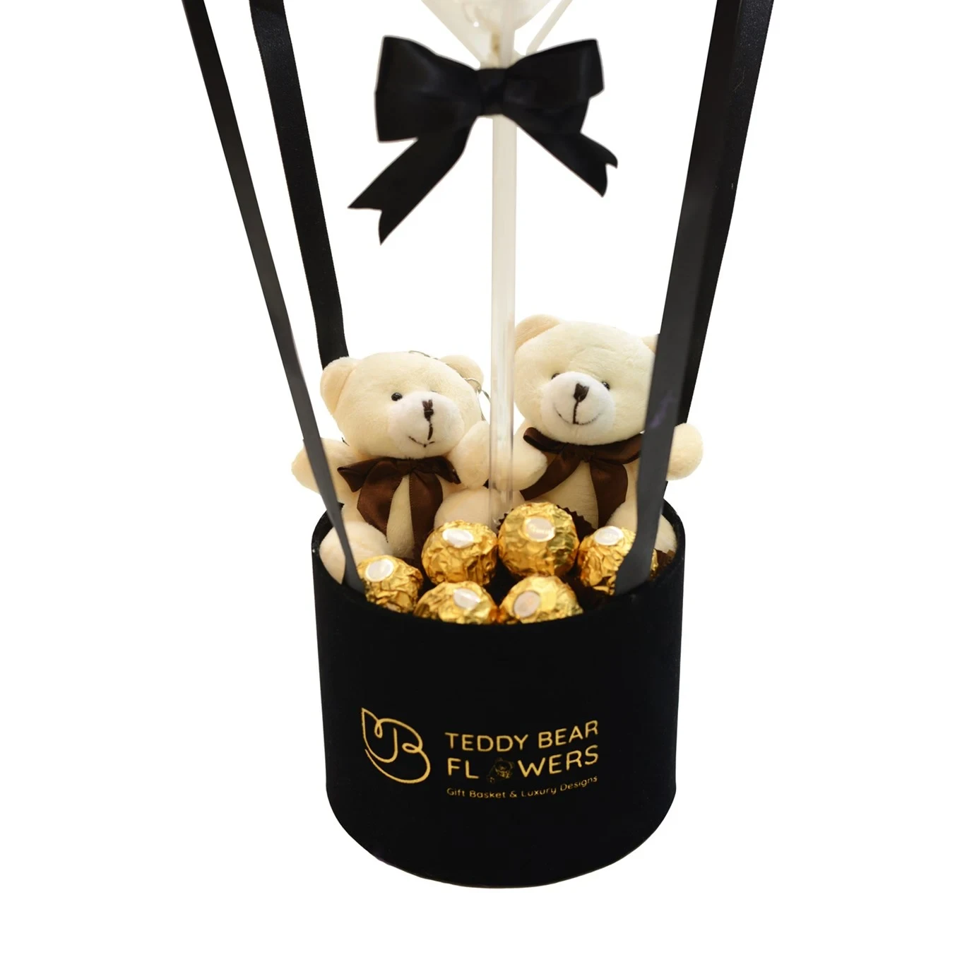 Ayıcıklı Ferrero Rocher Çikolatalı Kişiselleştirebilir Siyah Balon Kutusu