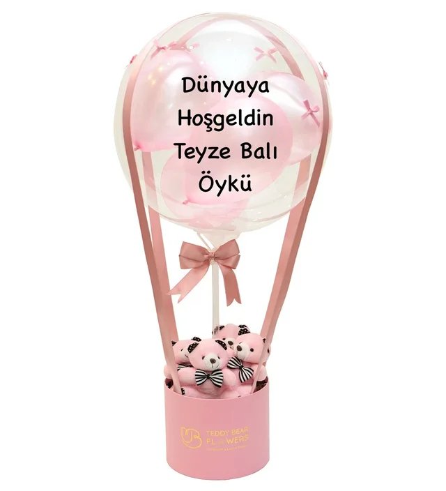 Pembe Yenidoğan Kız Bebek Ayıcıklı Balon Kutusu