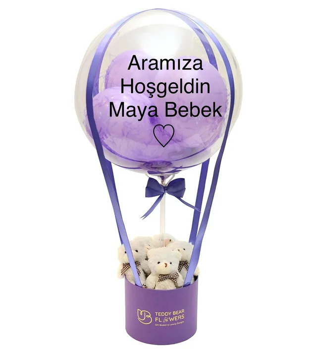 Peluş Ayıcıklı Kişiselleştirilebilir Mor Balon Kutusu