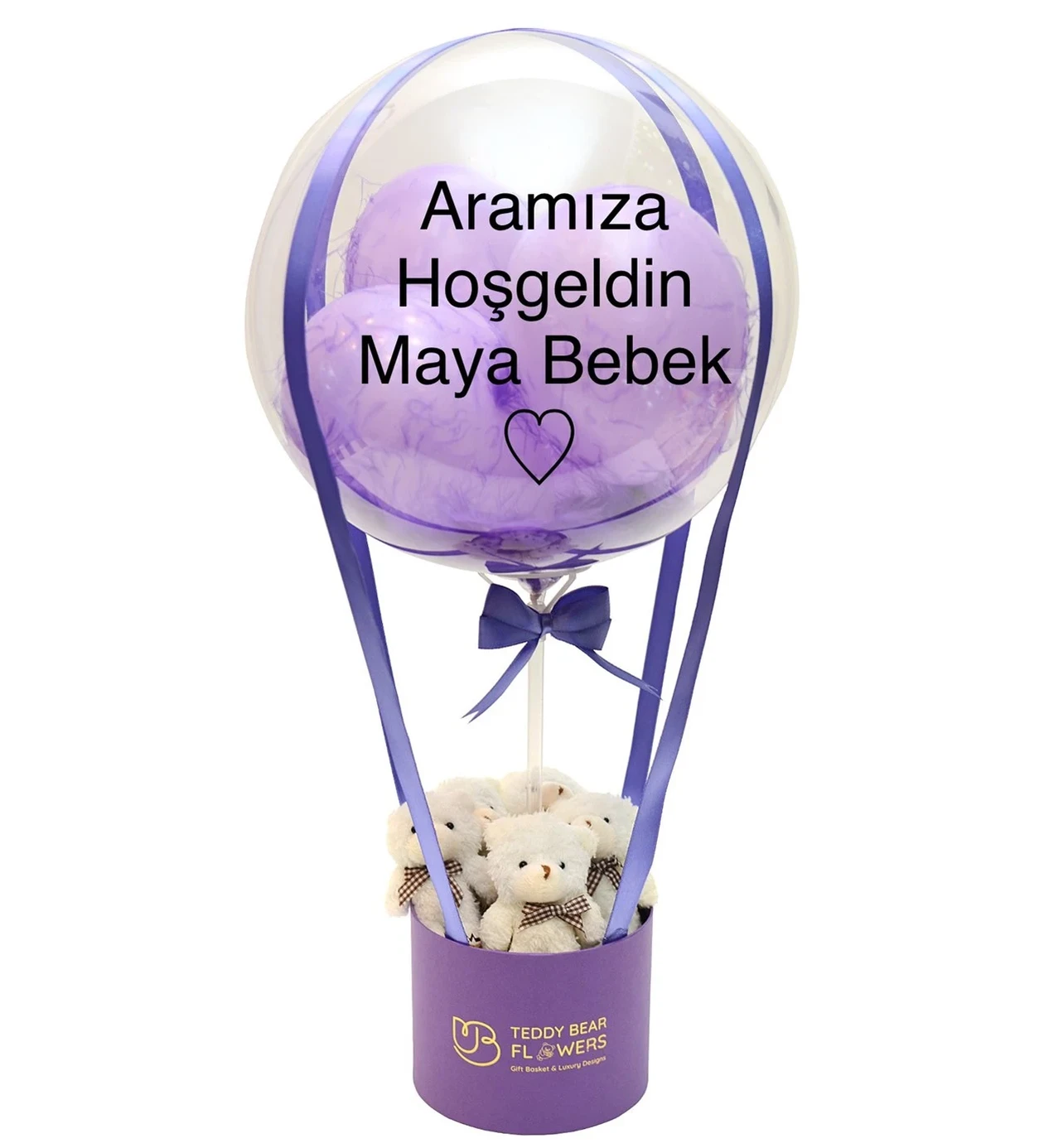 Peluş Ayıcıklı Kişiselleştirilebilir Mor Balon Kutusu