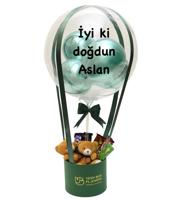 Ayıcıklı Çikolata Aranjmanlı Kişiselleştirilebilir Yeşil Balon Kutusu