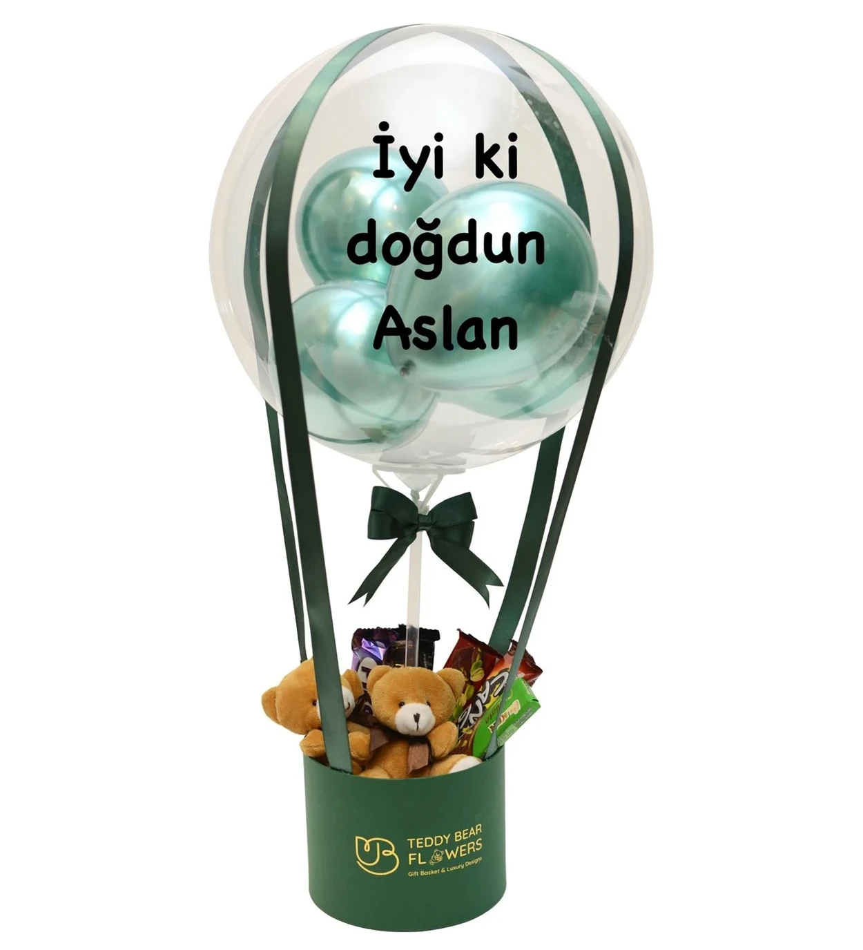 Ayıcıklı Çikolata Aranjmanlı Kişiselleştirilebilir Yeşil Balon Kutusu