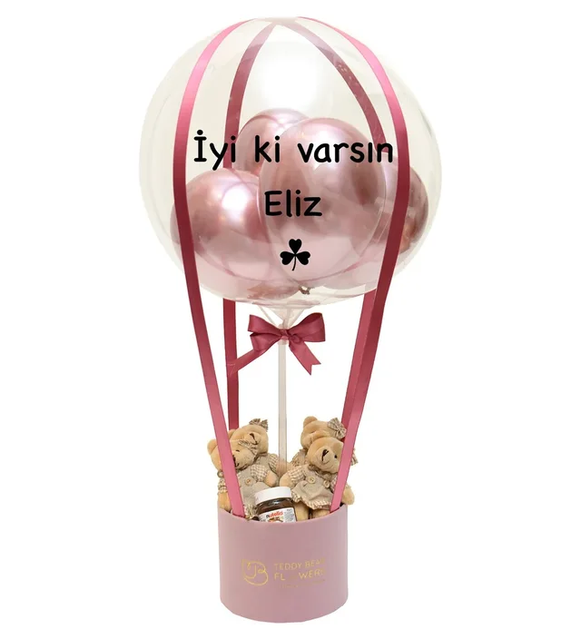 Elbiseli Ayıcıklı Pembe Nutellalı Kişiselleştirilebilir Balon Kutusu