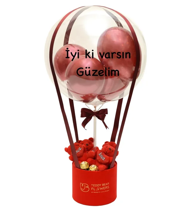 Kırmızı Love Ayıcıklı Ferrero Rocher Çikolatalı Kişiselleştirilebilir Balon Kutusu