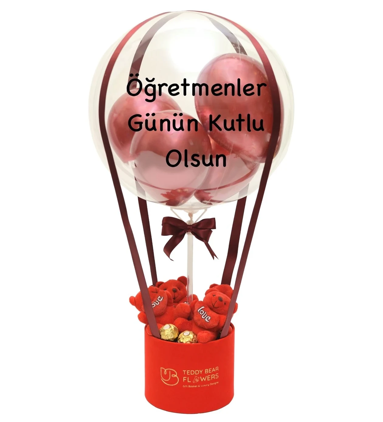 Balon Kutusu - Kırmızı Tonlar Çikolatalı | Öğretmenler Günü Özel Mesajlı 