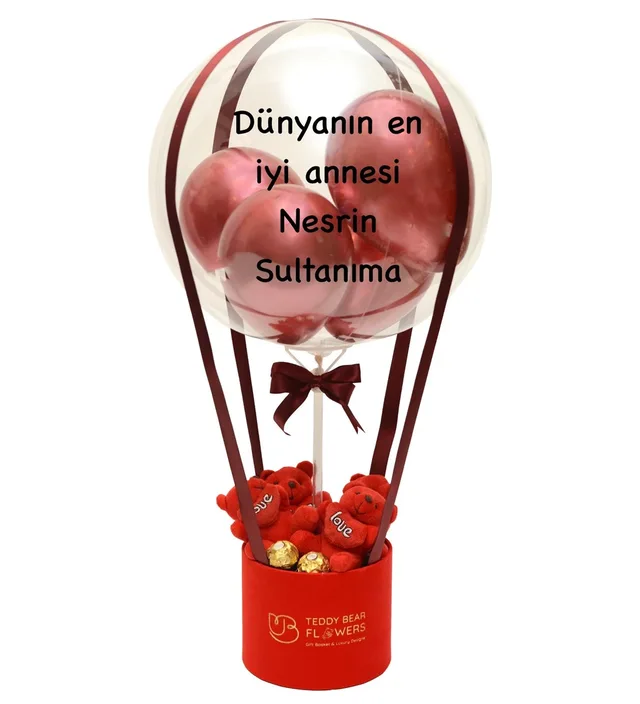 Kırmızı Love Ayıcıklı Ferrero Rocher Çikolatalı Kişiselleştirilebilir Balon Kutusu