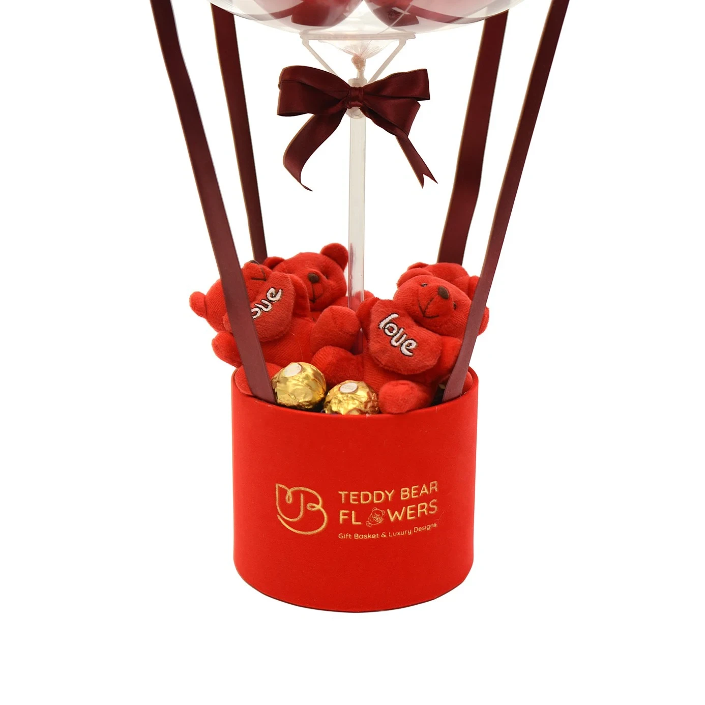 Kırmızı Love Ayıcıklı Ferrero Rocher Çikolatalı Kişiselleştirilebilir Balon Kutusu