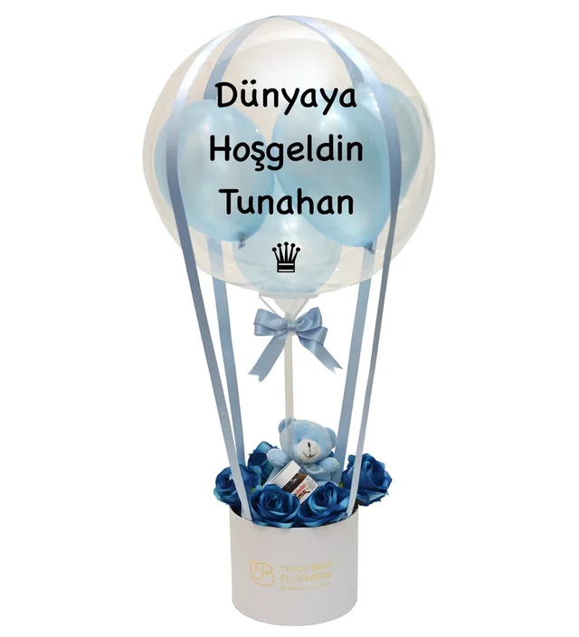 Mavi Güllü Ayıcıklı Yenidoğan Kişiselleştirilebilir Beyaz Balon Kutusu