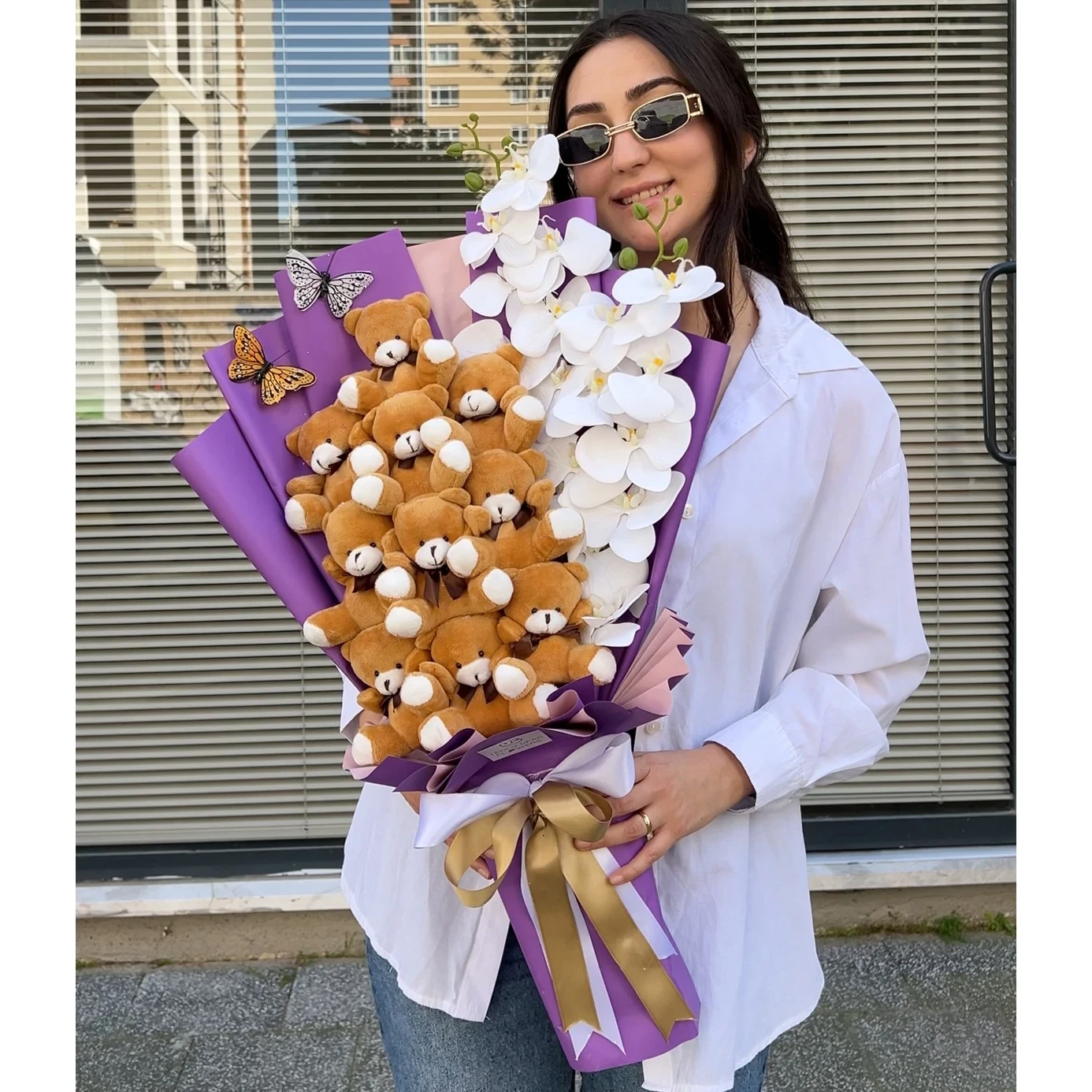 Premium Mor Orkide Aranjmanlı Dev Ayıcık Buketi
