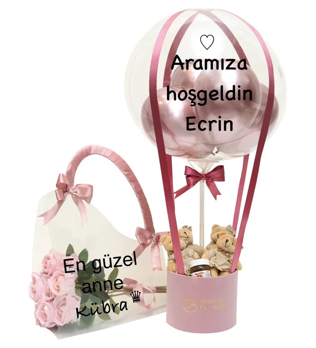 Kişiselleştirilebilir Anne Bebek Seti Balon Kutusu & Çantada Solmayan Güller