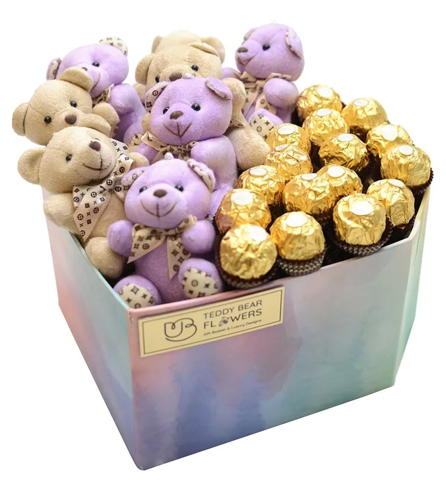 Gökkuşağı Tasarım Kutusunda Ferrero Rocher ve Lila Ayıcıklar Kutusu