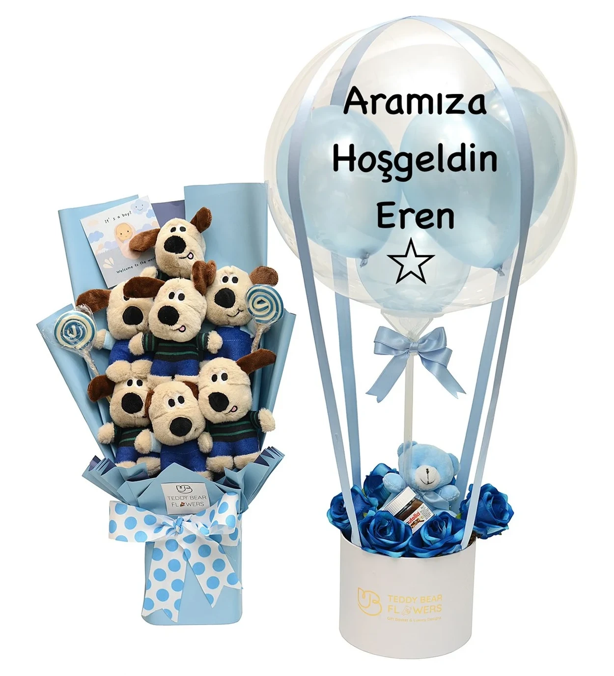 Kişiselleştirilebilir Yenidoğan Mavi Ayıcık Buketi Balon Set