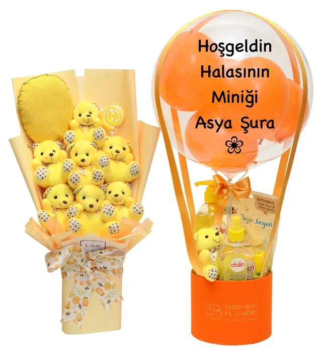 Sarı Ayıcık Buketi & Balon Kutusu Yenidoğan Set