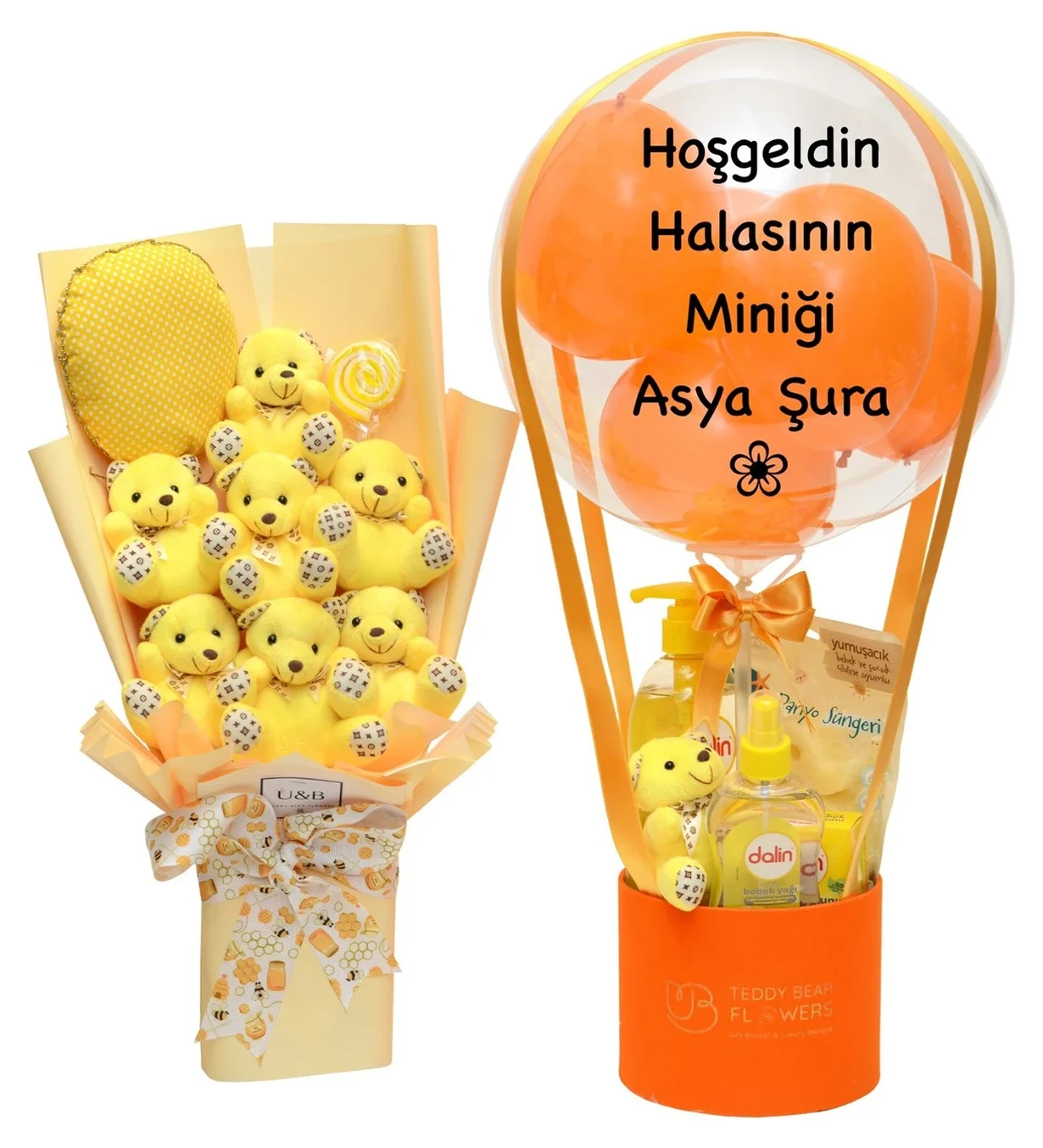 Sarı Ayıcık Buketi & Balon Kutusu Yenidoğan Set