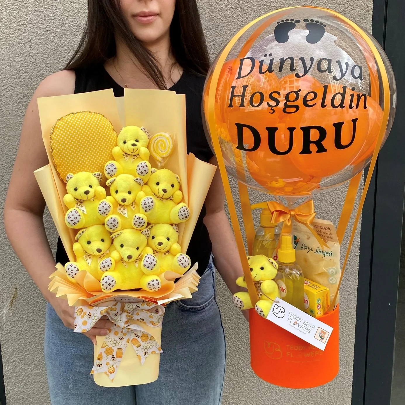 Sarı Ayıcık Buketi & Balon Kutusu Yenidoğan Set