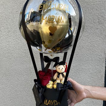 Mezuniyet Kepli Ayıcıklı & Rocher Çikolatalı Güllü Balon Kutusu
