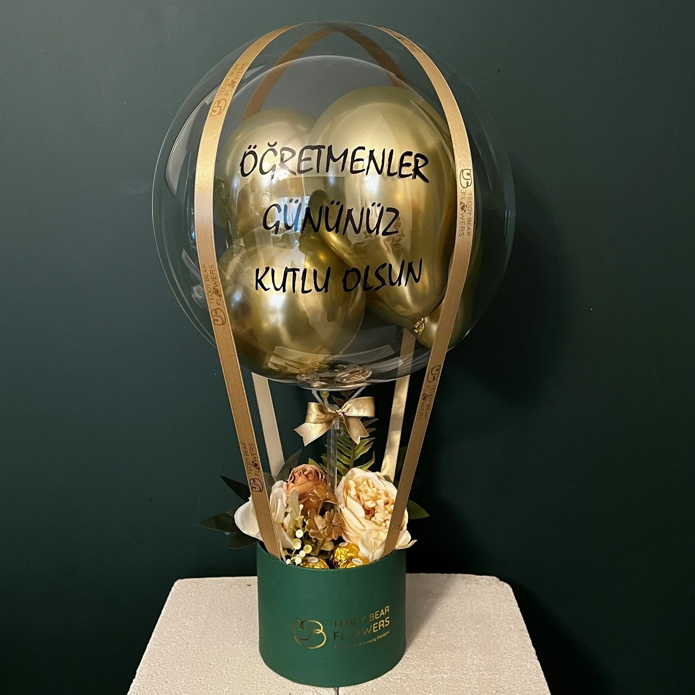 Balon Kutusu - Gold Yeşil Çiçekli | Öğretmenler Günü Kişiye Özel