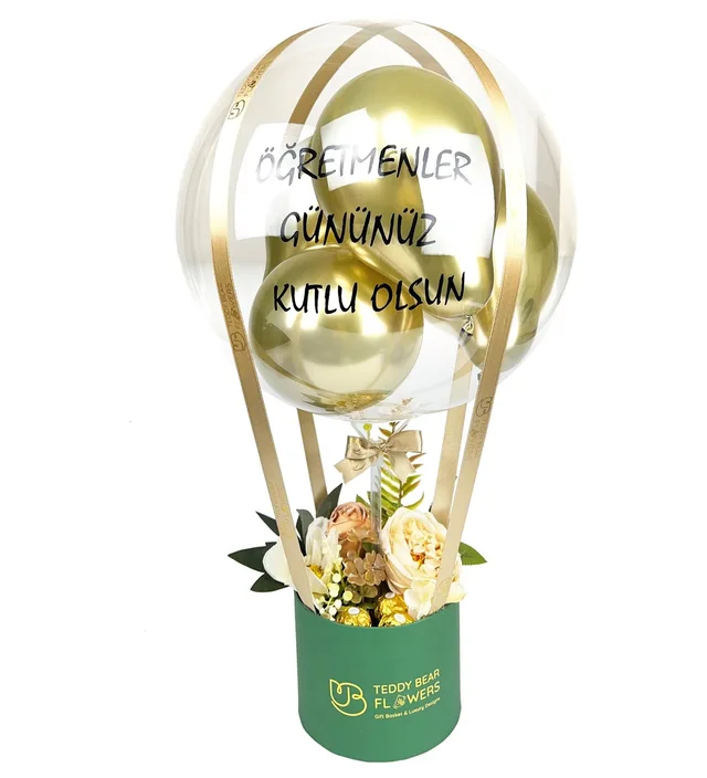 Balon Kutusu - Gold Yeşil Çiçekli | Öğretmenler Günü Kişiye Özel