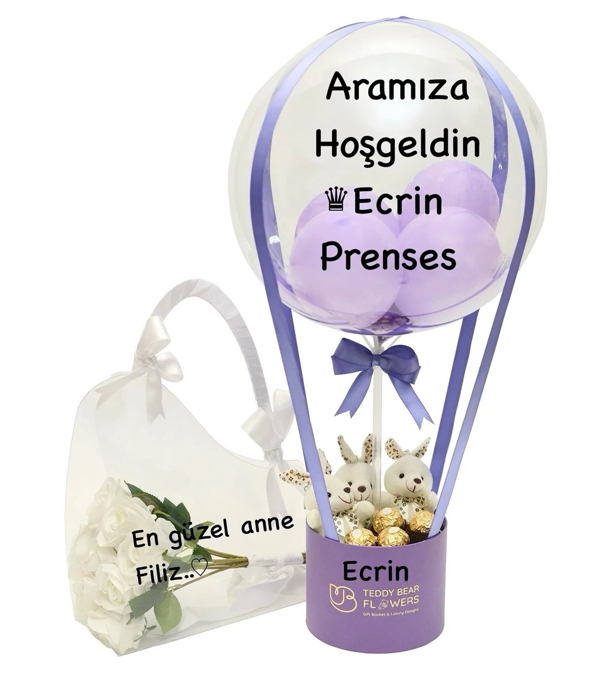 Yenidoğan Kız Bebek Hediye Balon Kutusu & Çantada Solmayan Güller Set