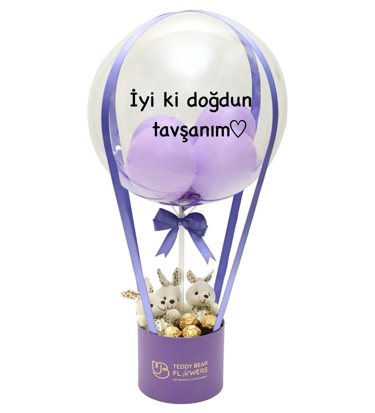 Kişiselleştirilebilir Tavşan Peluşlu Çikolatalı Mor Balon Kutusu