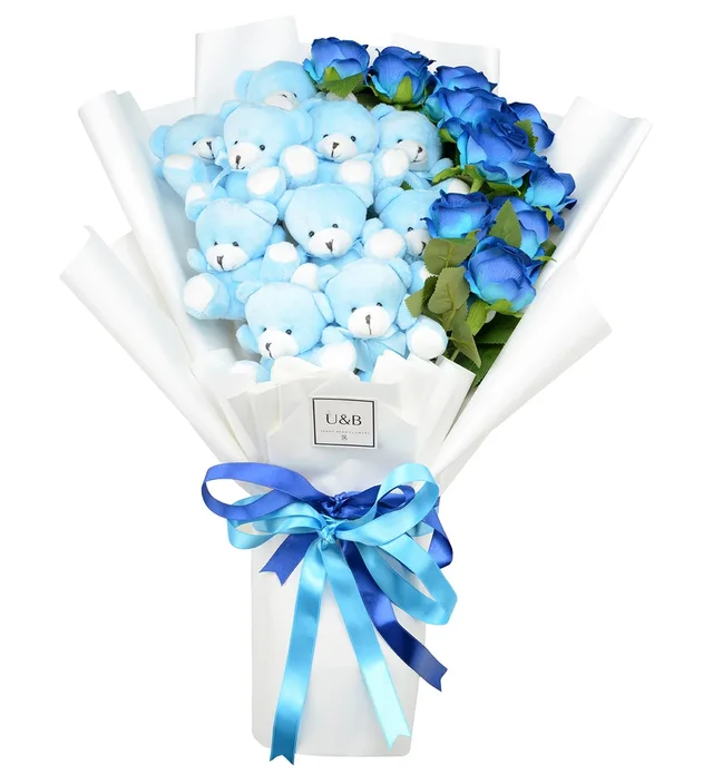 Premium Sky Blue Teddy Bear Flowers