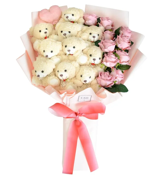Premium Big Pink Teddy Bear Flowers