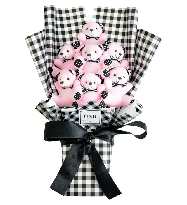 Ayıcık Buketi – Black & Pink Plaid | Modern Tasarım