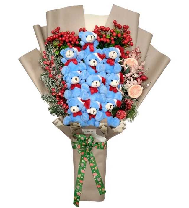 Christmas Premium Blues Teddy Bear Flowers