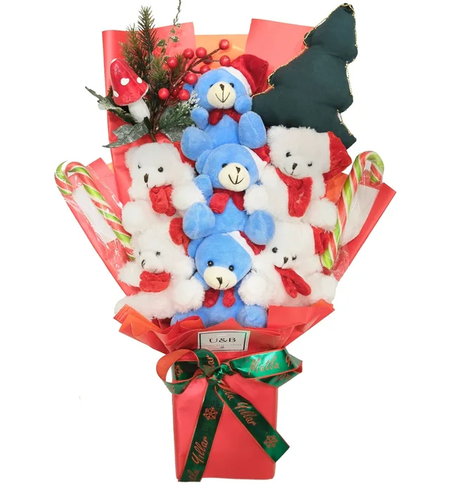 Christmas Mixed Blue Teddy Bear Flowers