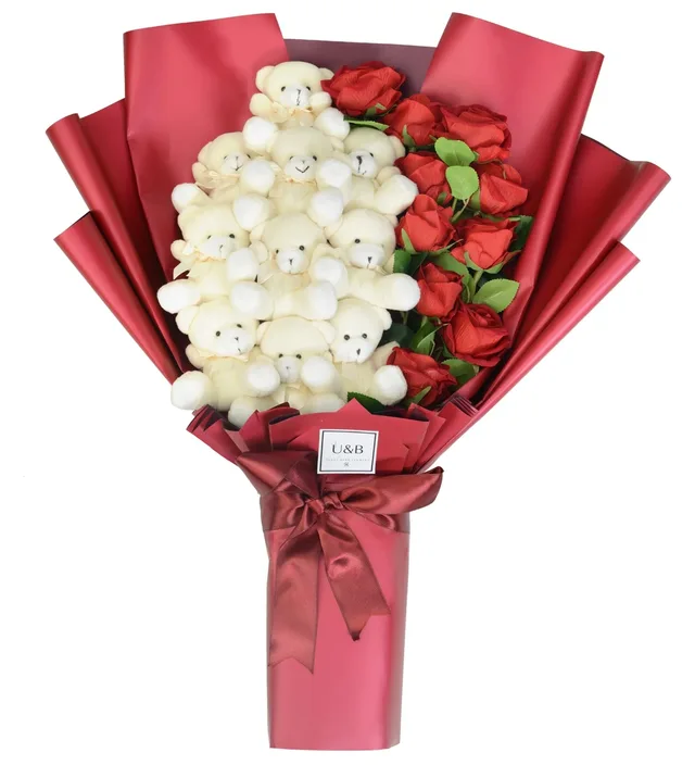 Premium Fire Red Teddy Bear Flowers