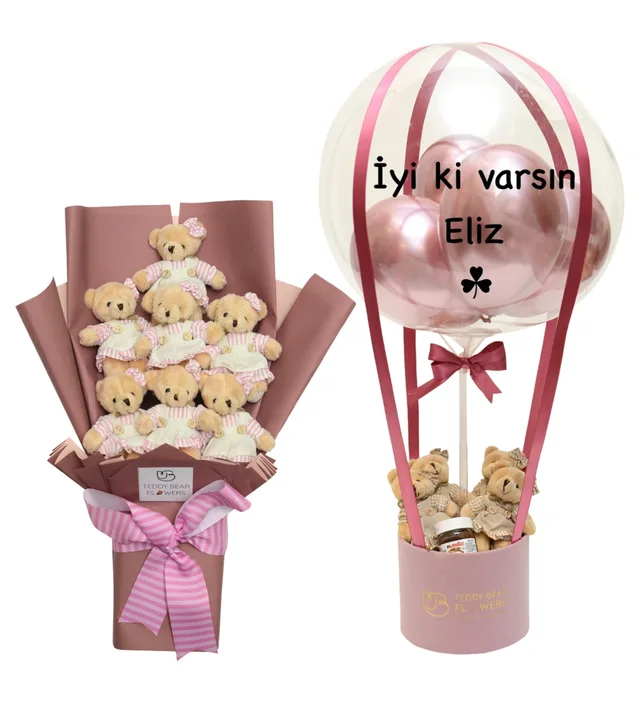 Yenidoğan Kız Bebek Hediyesi Balon Kutusu & Ayıcık Buketi Set