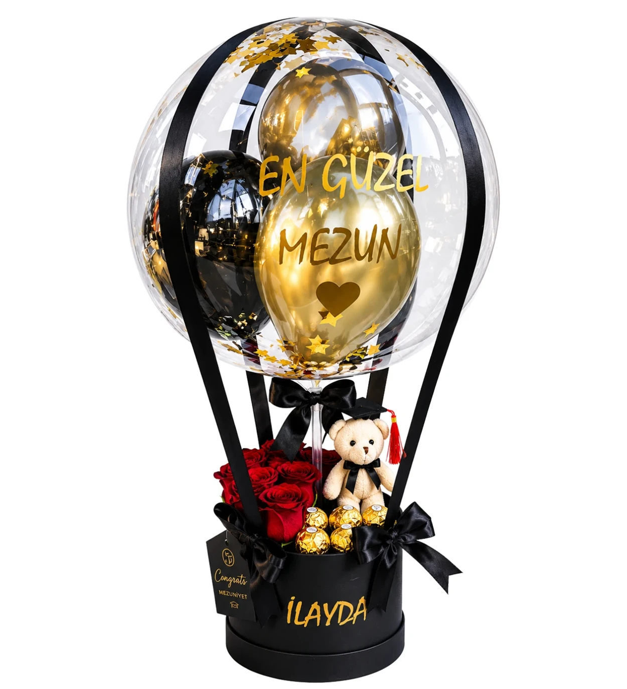 Mezuniyet Kepli Ayıcıklı & Rocher Çikolatalı Güllü Balon Kutusu