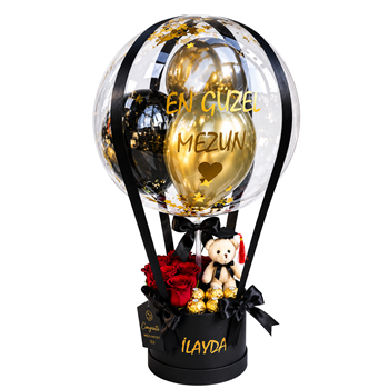 Mezuniyet Kepli Ayıcıklı & Rocher Çikolatalı Güllü Balon Kutusu
