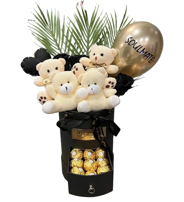 Sevgiliye Hediye Gold Balonlu Çekmeceli Kutuda Peluş Ayıcıklar, Çikolata & Siyah Güller