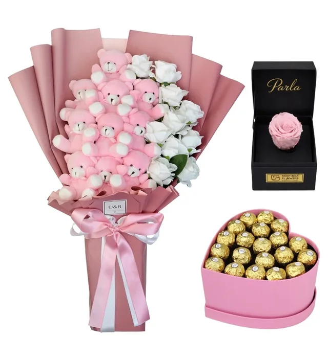 Pembe Hediye Set - Premium Dev Buket & Kalp Çikolata Kutusu & Kişiye Özel Solmayan Pembe Gül Kutusu | Luxury Sunum