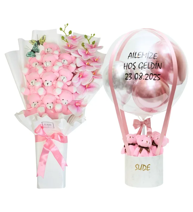 Yenidoğan Balon Kutusu & Premium Dev Orkide Buket - Şeker Tonlar | Kişiselleştirilebilir Anne Bebek Set