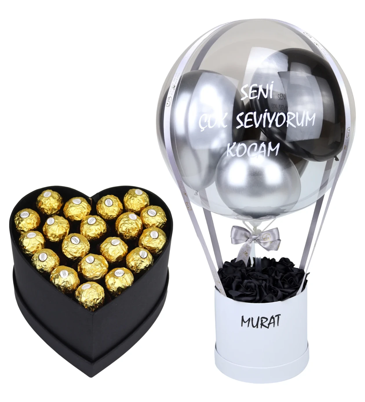 Siyah Güllü Balon Kutusu & Kalpli Kutuda Ferrero Rocher Çikolatalar | Lüx Sunum