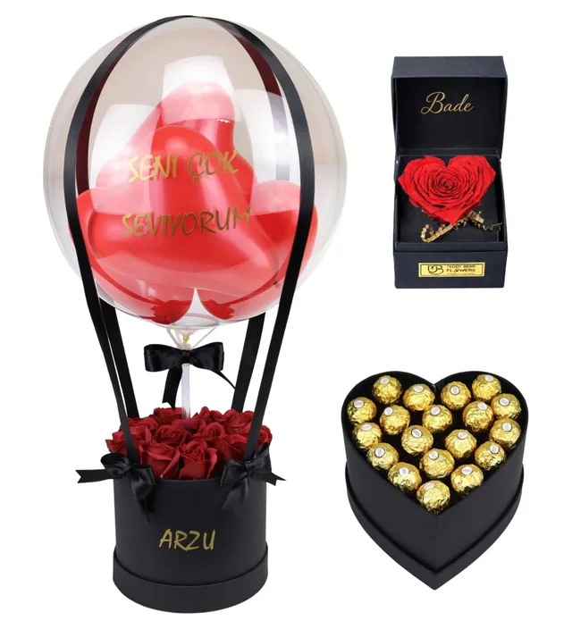 Sevgiliye Hediye - Balon Kutusu & Kalpli Solmayan Gül & Çikolata | Luxury Sunum